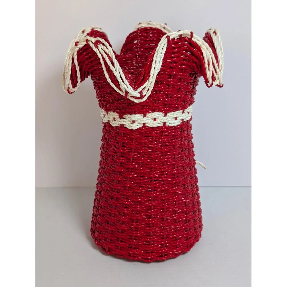 Vintage Red Wicker Basket Flower Vase Holder White Ruffled Top Bow Made in Korea